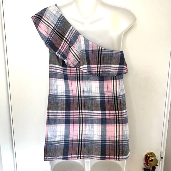 ANTHRO CLOTH & STONE PINK & BLUE PLAID ONE SHOULDER LINEN BLEND TOP SIZE LARGE - Picture 9 of 11